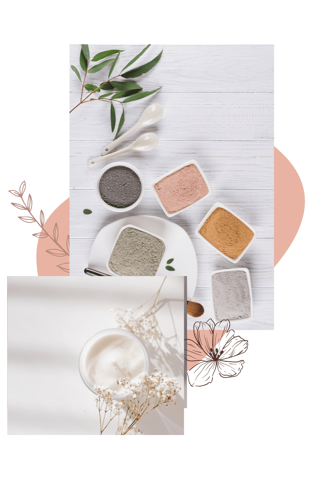 Aspire Beauty and Body - a white desk with some gum leaves, ceramic spoons and 4 bowls of coloured mineral makeup on it. one of the bowls is sitting on a plate next to a makeup brush and a sprig of plant